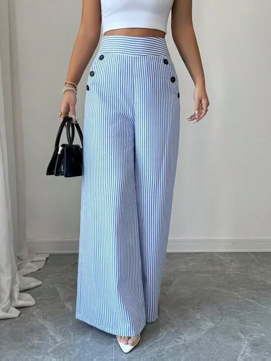 Blue And White Elegant Women's High-Waisted Slim Straight Pants - Picture 6 of 7